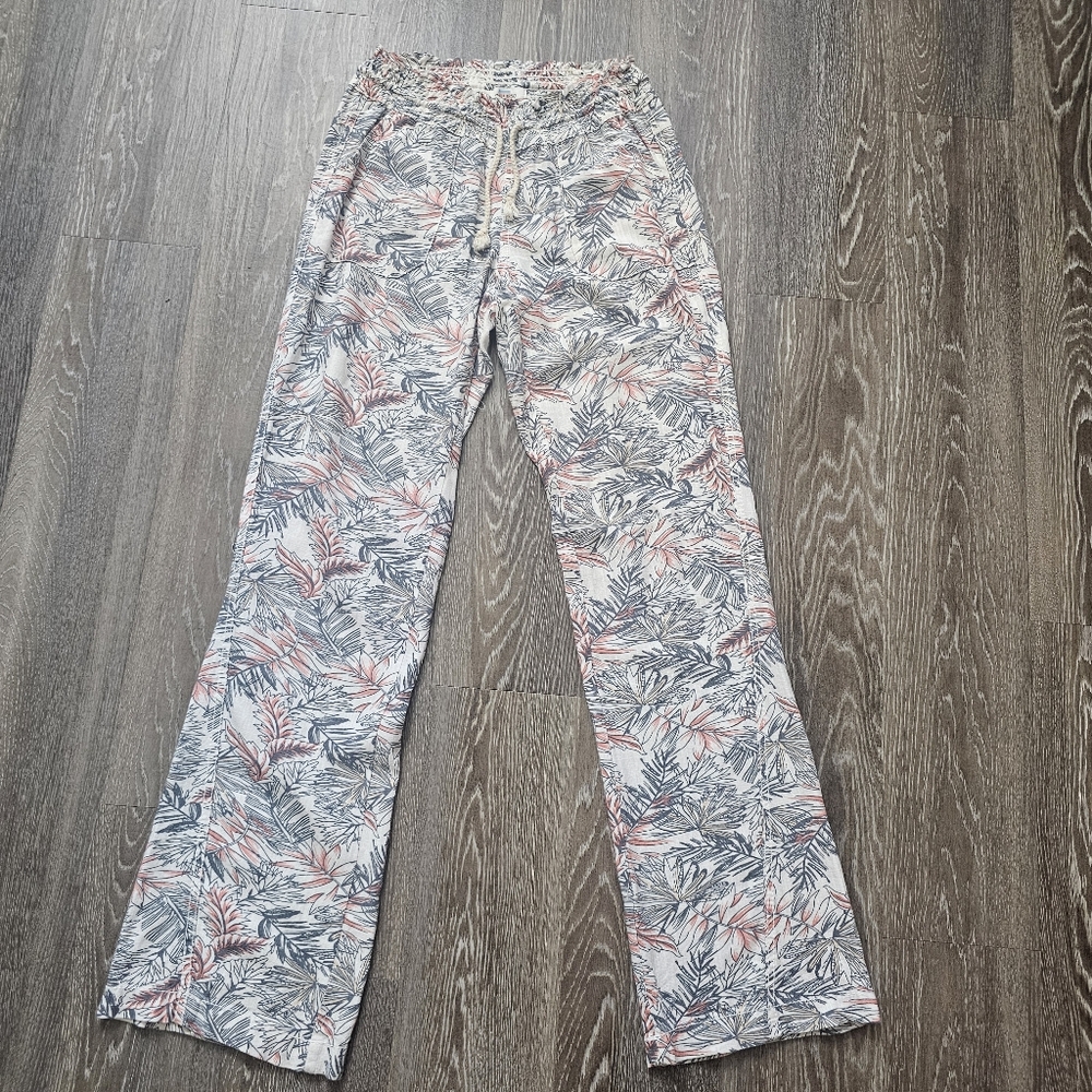 Cali 1850 Los Angeles Linen Blend Tropical Print Wide Leg Stretch Waist Pants Sm